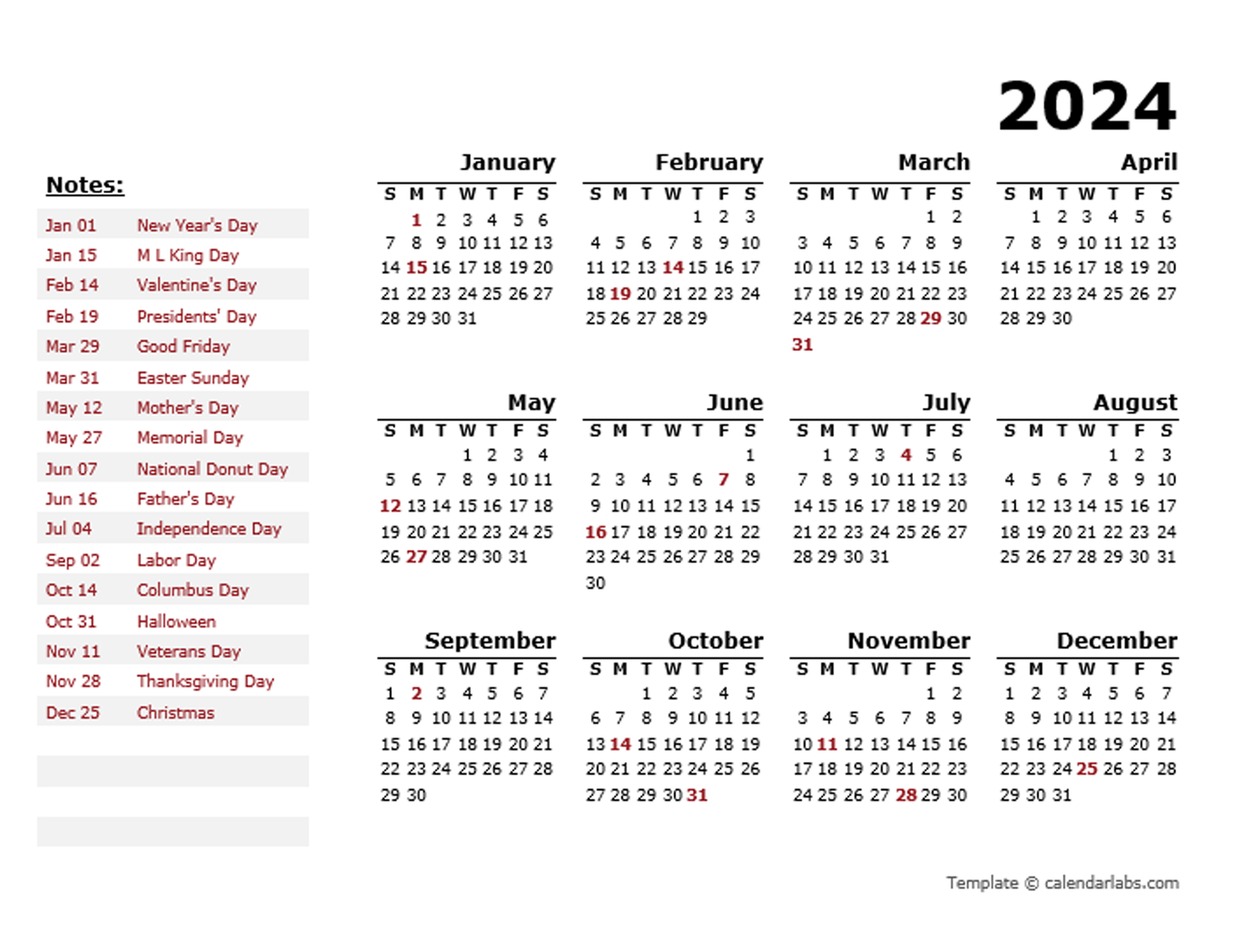 2024 Word Calendar With Holidays Printable Free Template Rosie Claretta