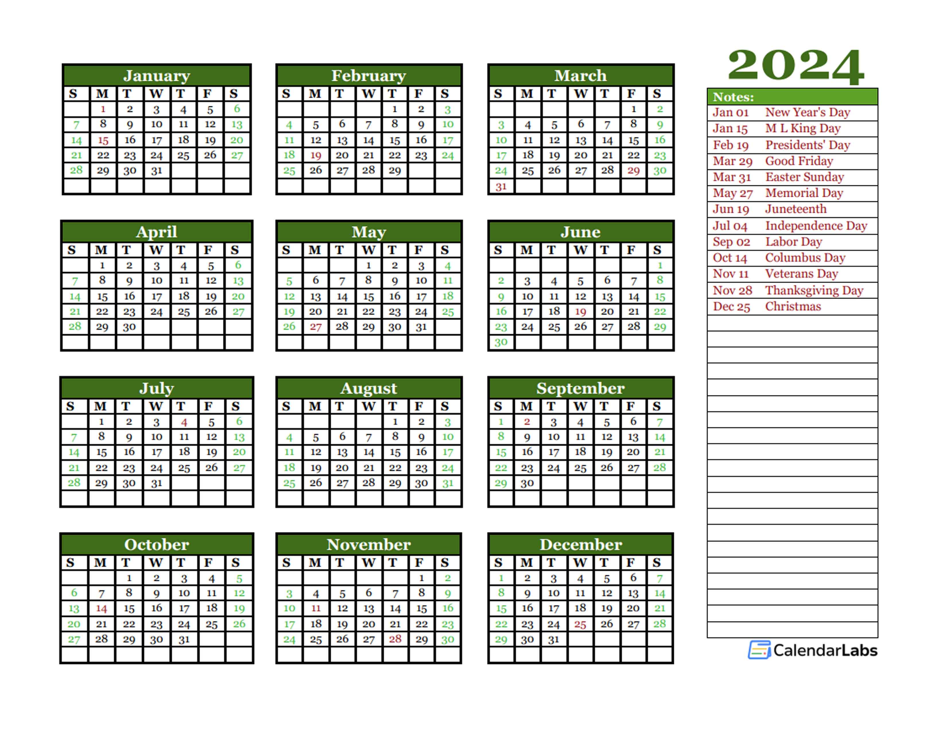 Printable Year Calendar 2024 Landscape Design Kim Sheeree