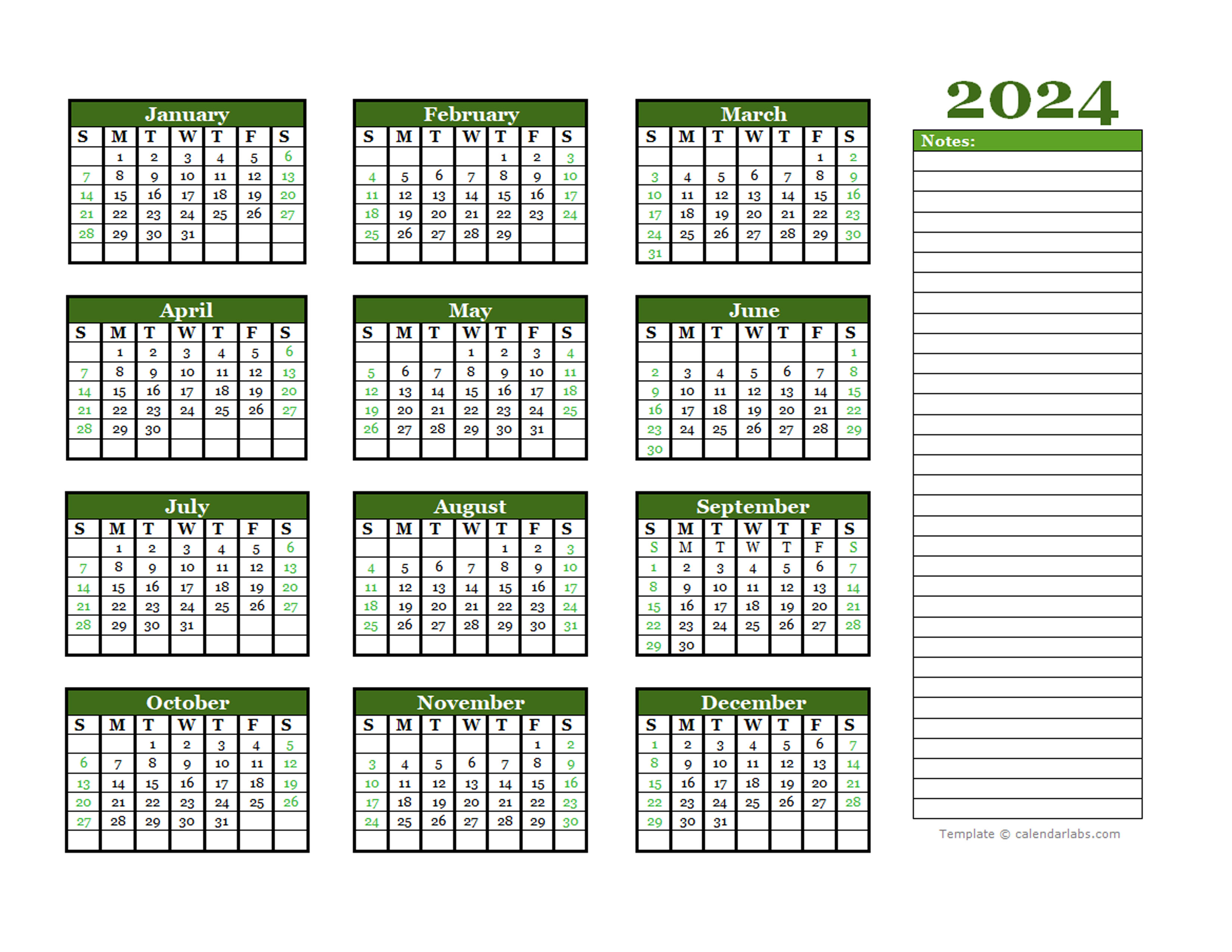 2024 Yearly Calendar With Blank Notes 