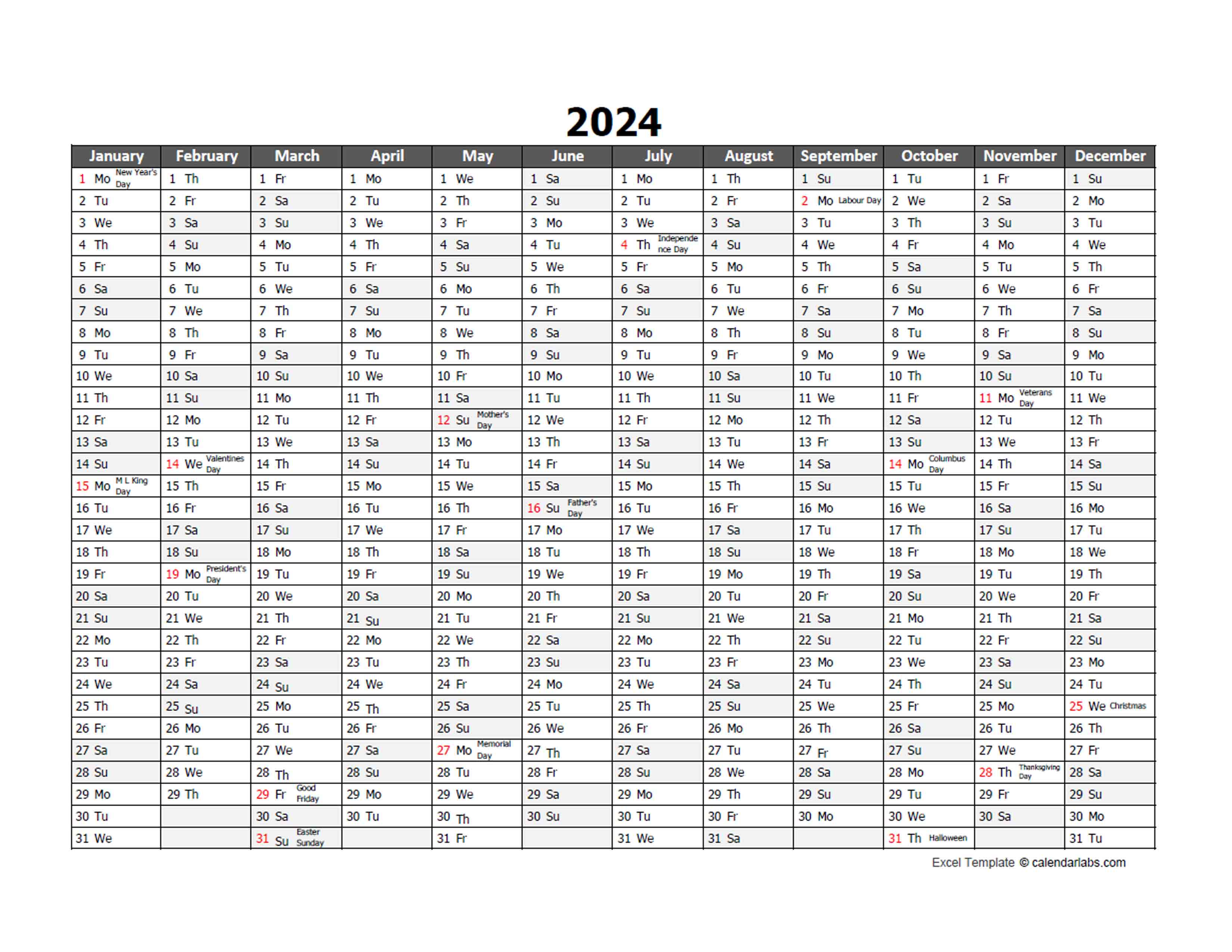 2024 Calendar Excel Template Leola Nikolia