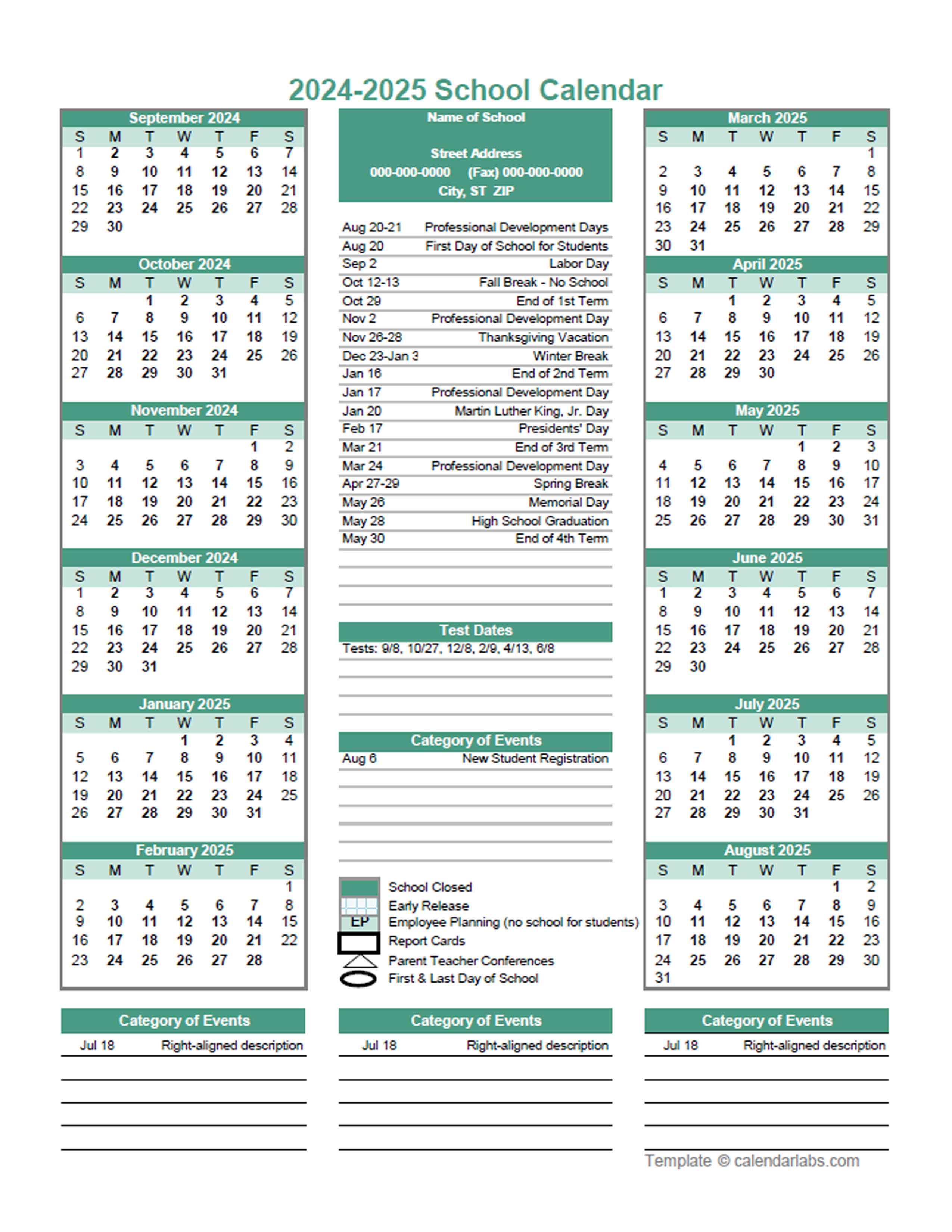 2024 Yearly School Calendar Template Editable SepAug Free Printable