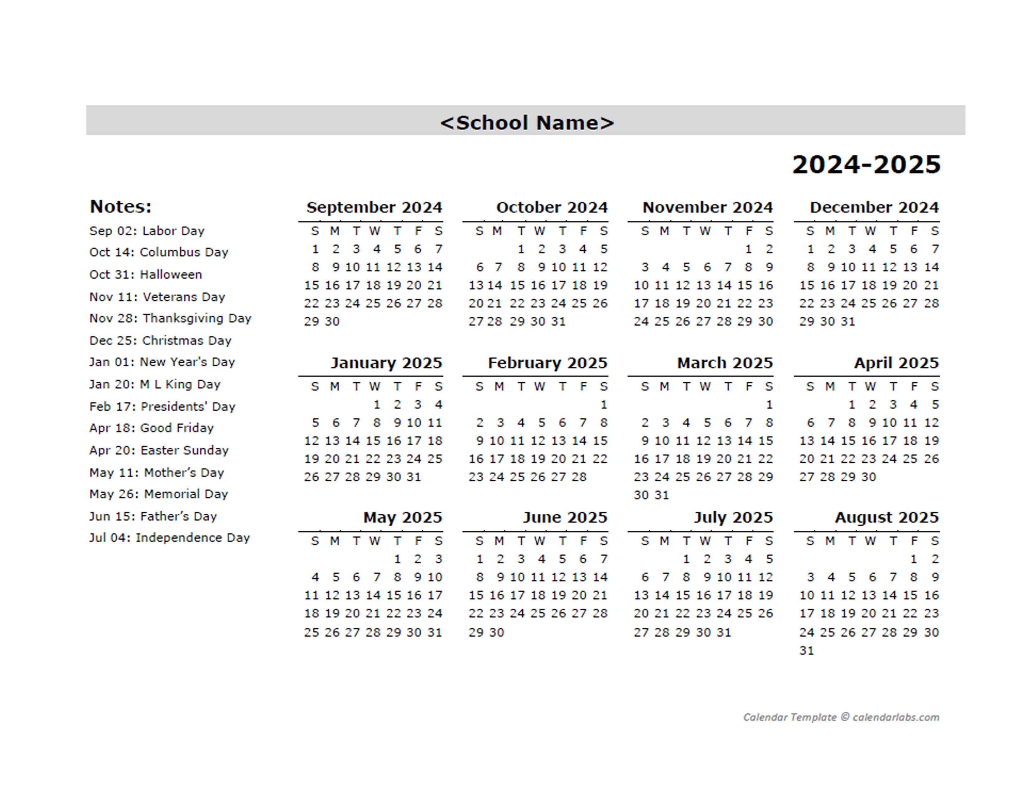 2024 Yearly School SepAug Calendar With Holidays Free Printable