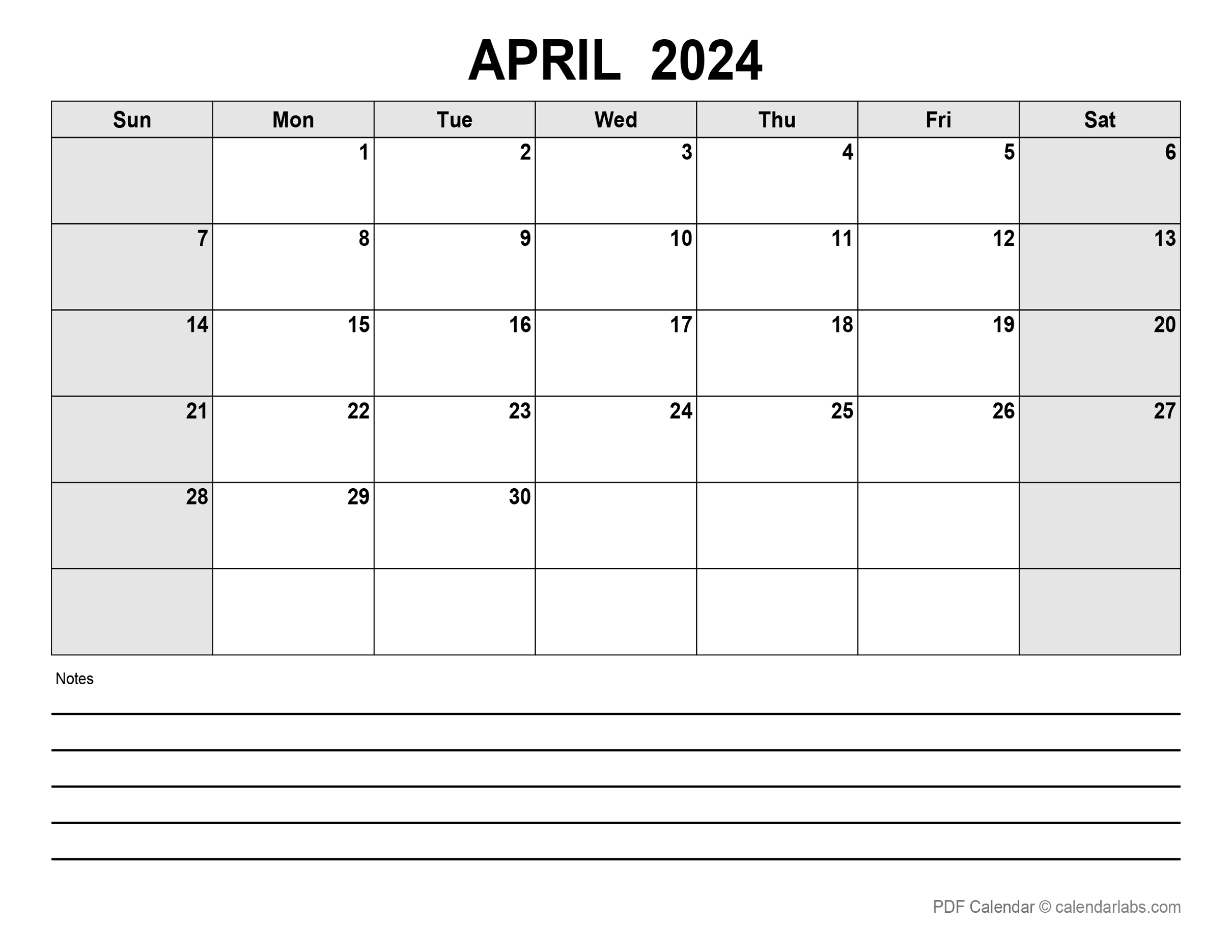 April 2024 Calendar With Weekend Shaded 3EA