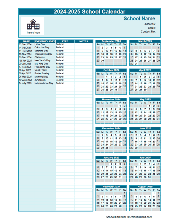 2024 2025 Sep Aug Yearly School Calendar Template Excel Free Printable Templates