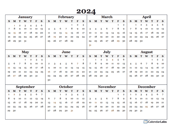 2024 Blank Yearly Calendar Template - Free Printable Templates