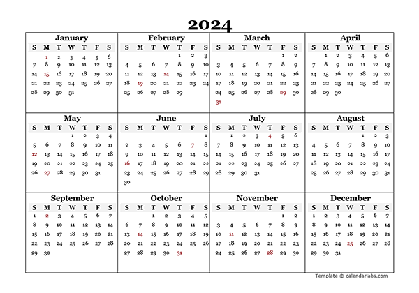 2024 Blank Yearly Calendar Word 54 