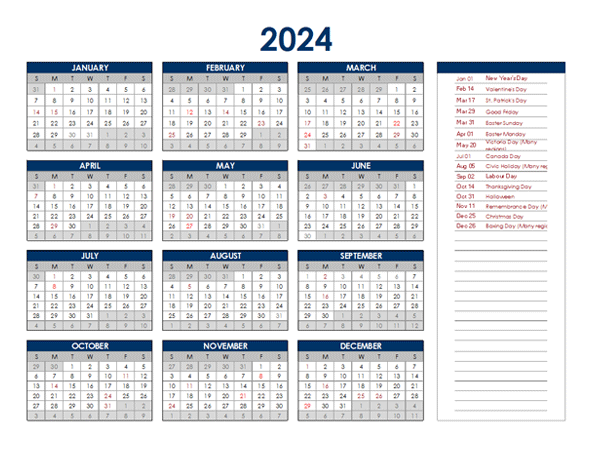 2024 Canada Annual Calendar with Holidays - Free Printable Templates