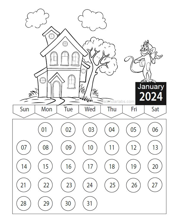 2024 Cartoon Character Coloring Calendar Free Printable Templates