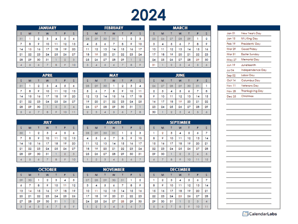 2024 Holiday Calendar Excel Free Printable Peri Trista