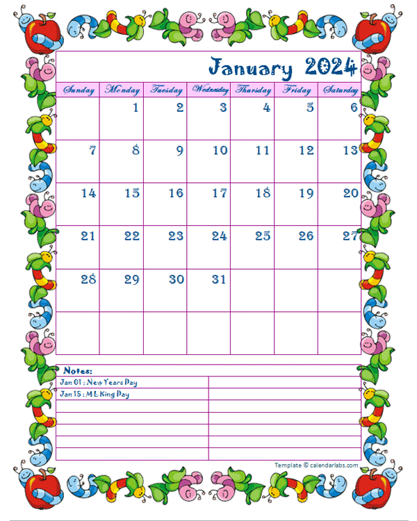 2024 Monthly Kid Kindergarten Calendar Template