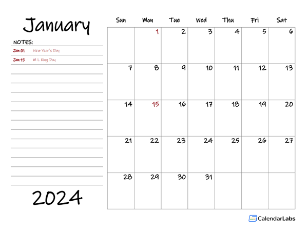 2024 Calendar Template with Monthly Notes - Free Printable Templates
