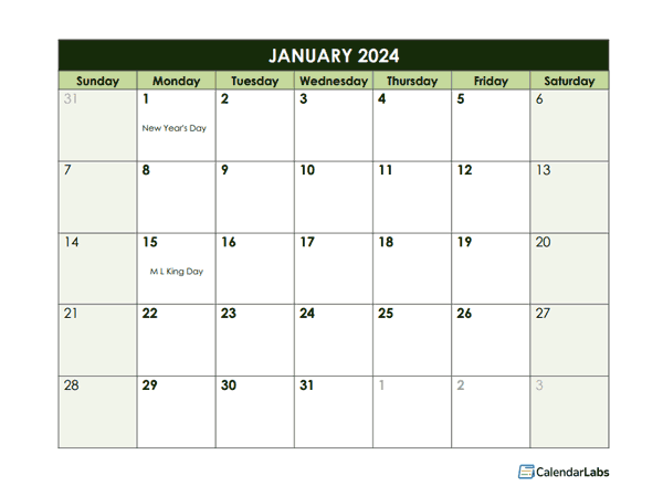 2024 Monthly Google Docs Calendar 