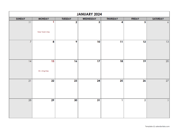 2024 Monthly Large Calendar Holidays - Free Printable Templates