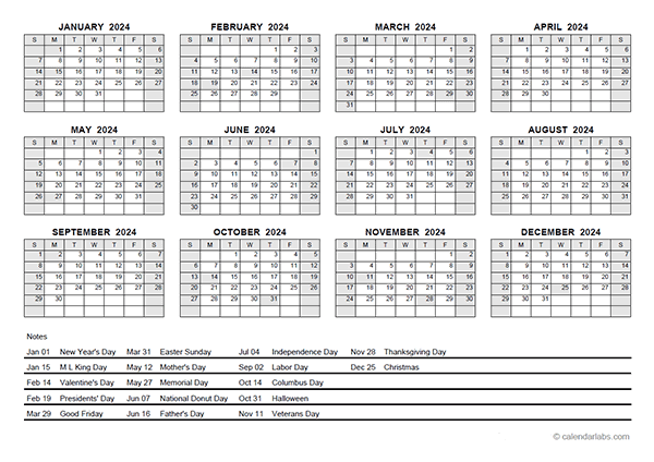 2024 PDF Yearly Calendar With Holidays