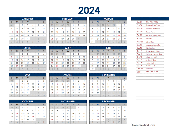 2024 Philippines Annual Calendar with Holidays - Free Printable Templates
