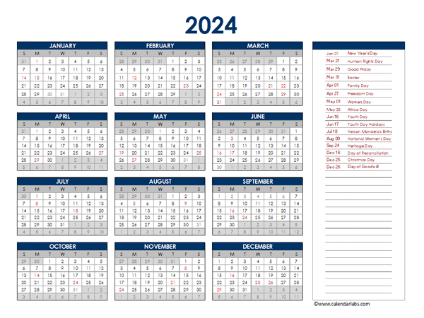 2024 South Africa Annual Calendar With Holidays Free Printable Templates