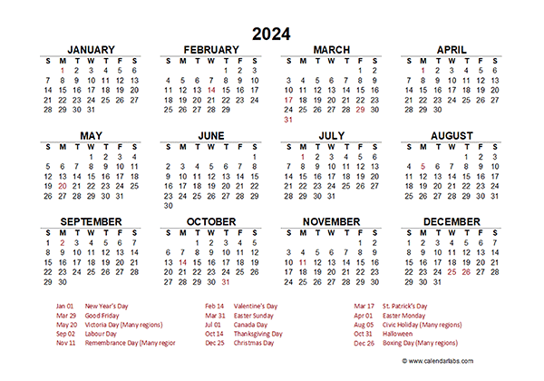 2024 Year At A Glance Calendar Canada Holidays 03 