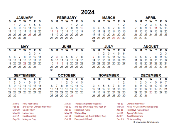 2024 Year at a Glance Calendar with Malaysia Holidays  Free Printable
