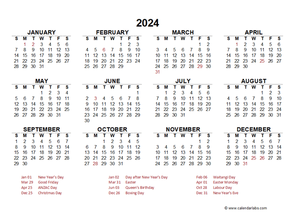 2024 Year at a Glance Calendar with New Zealand Holidays - Free