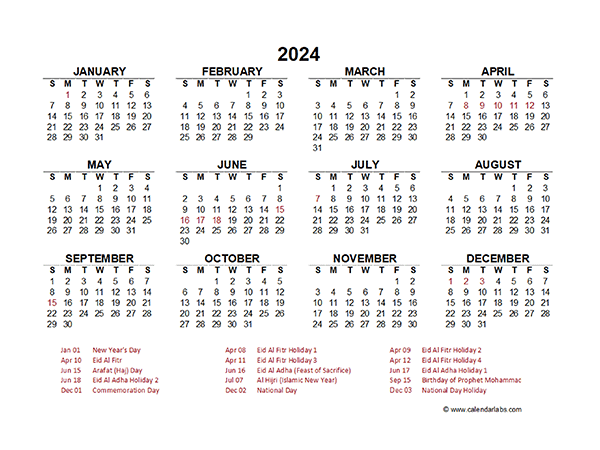 2024 Year at a Glance Calendar with UAE Holidays - Free Printable Templates