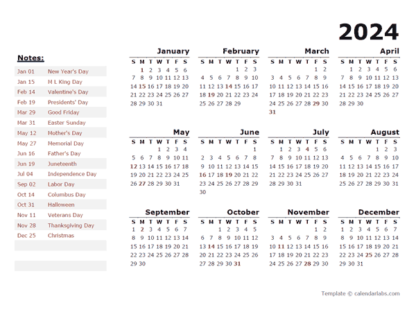 2024 Yearly Calendar Template With US Holidays - Free Printable Templates