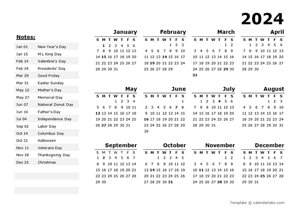 2024 Printable Calendar With Holidays Usa Adey Loleta