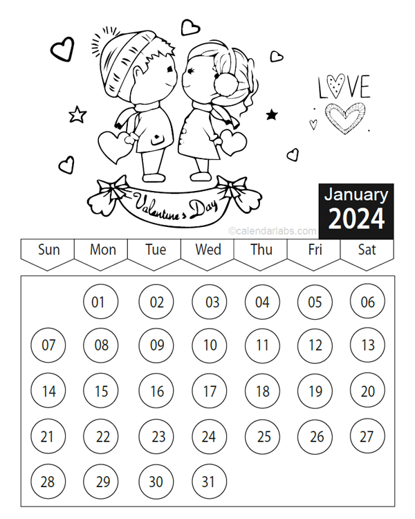 Valentines Day 2024 Coloring Calendar - Free Printable Templates