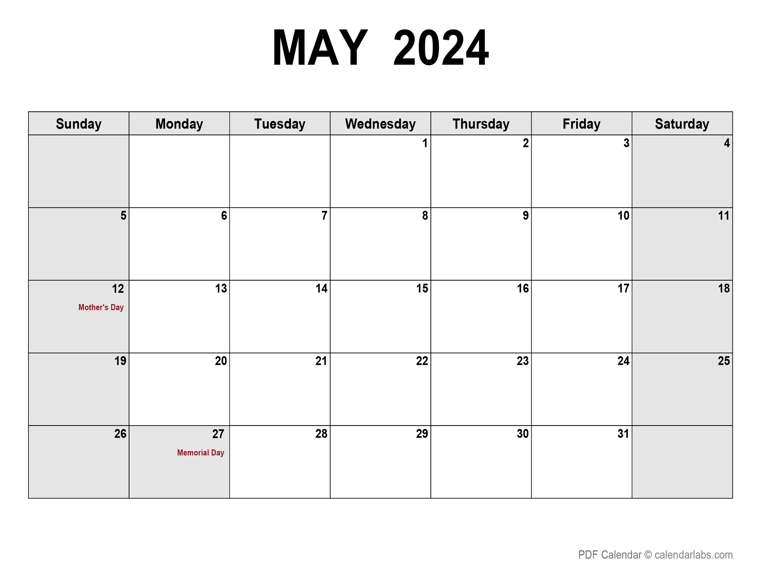 May 2024 Calendar with Holidays | CalendarLabs