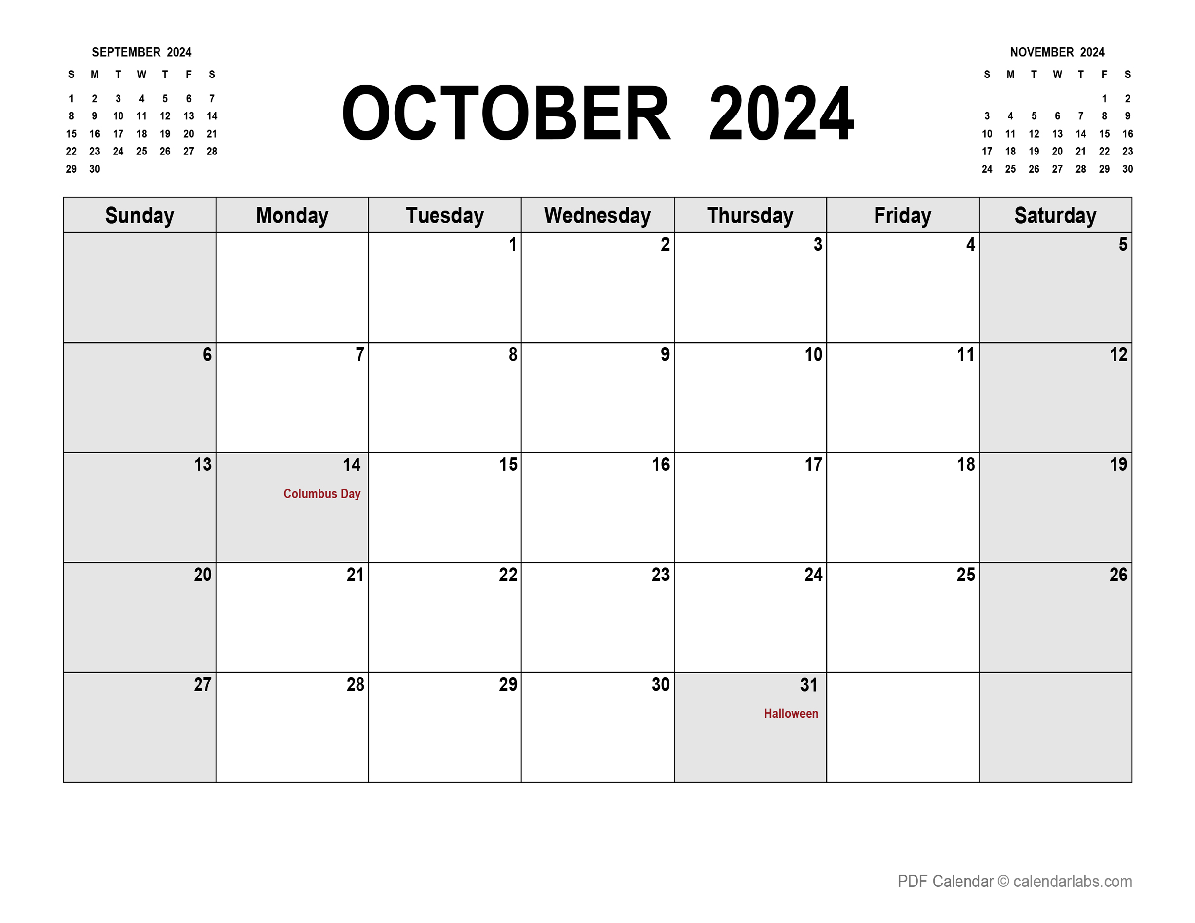 October 2024 Calendar with Holidays CalendarLabs