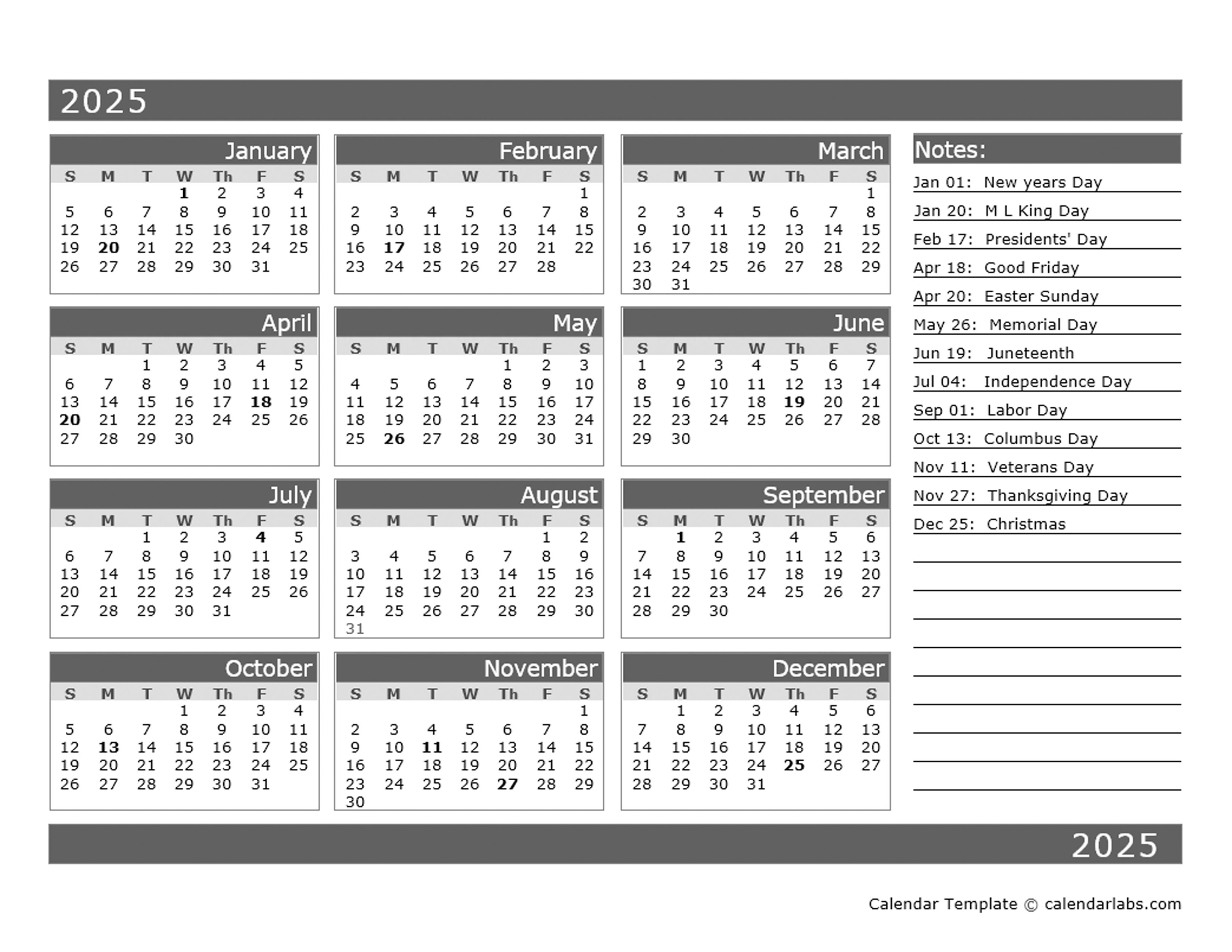 12 Month One Page Calendar Template For 2025 Free Printable Templates