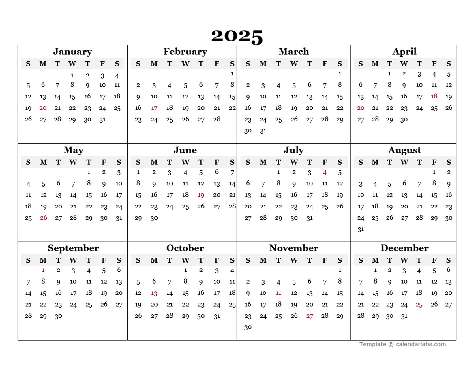 2025 Blank Yearly Calendar Template Free Printable Templates