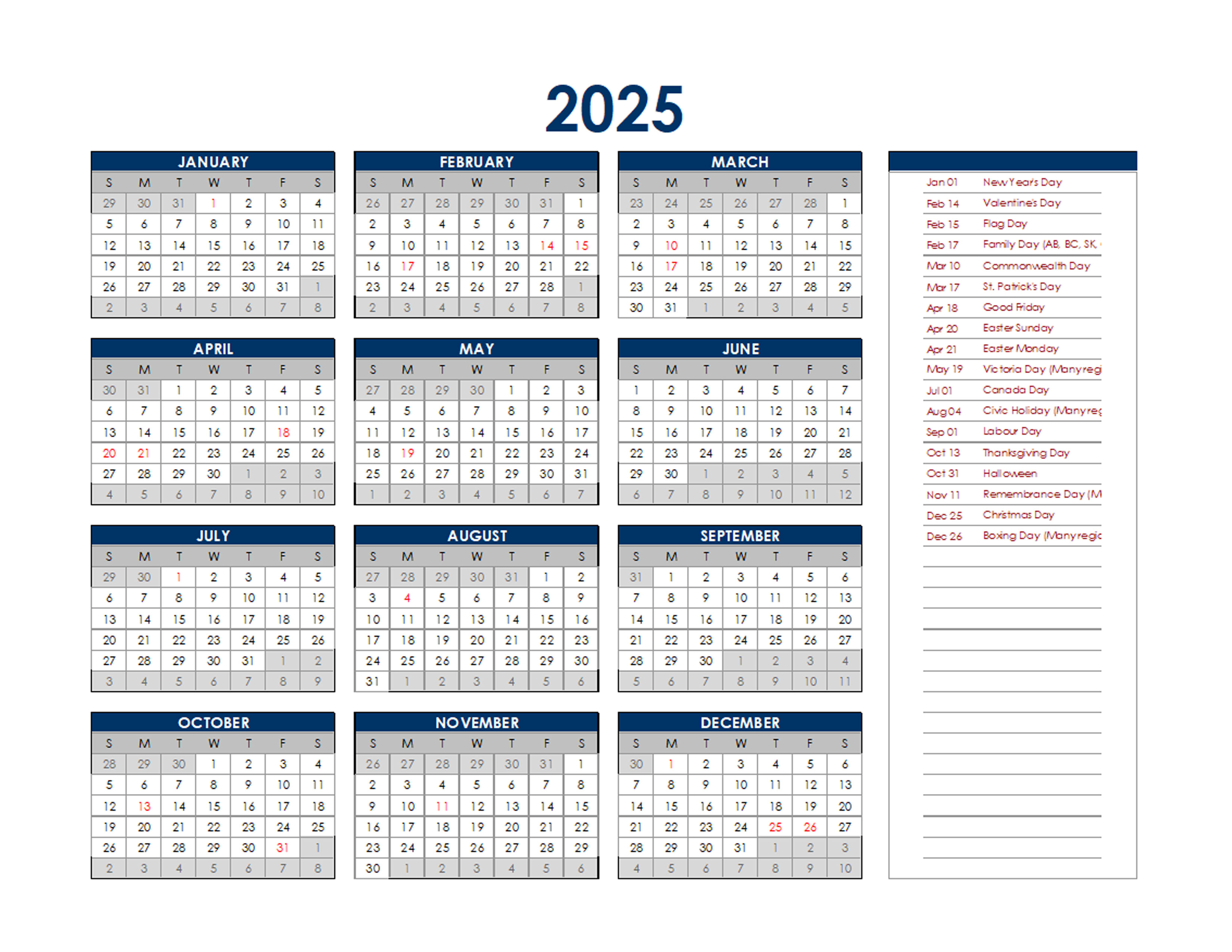 Printable Calendar 2025 Canadian Holidays And Observances Calendrier 2025 2026 Gratuit