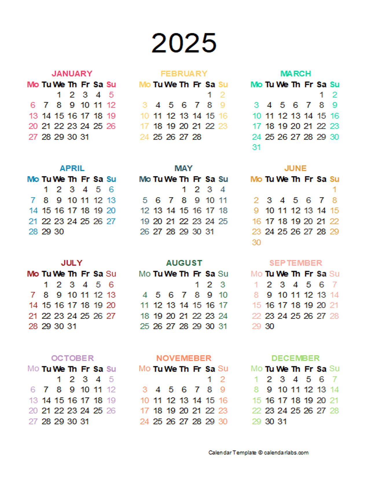 2025 Colorful Yearly Excel Calendar Free Printable Templates