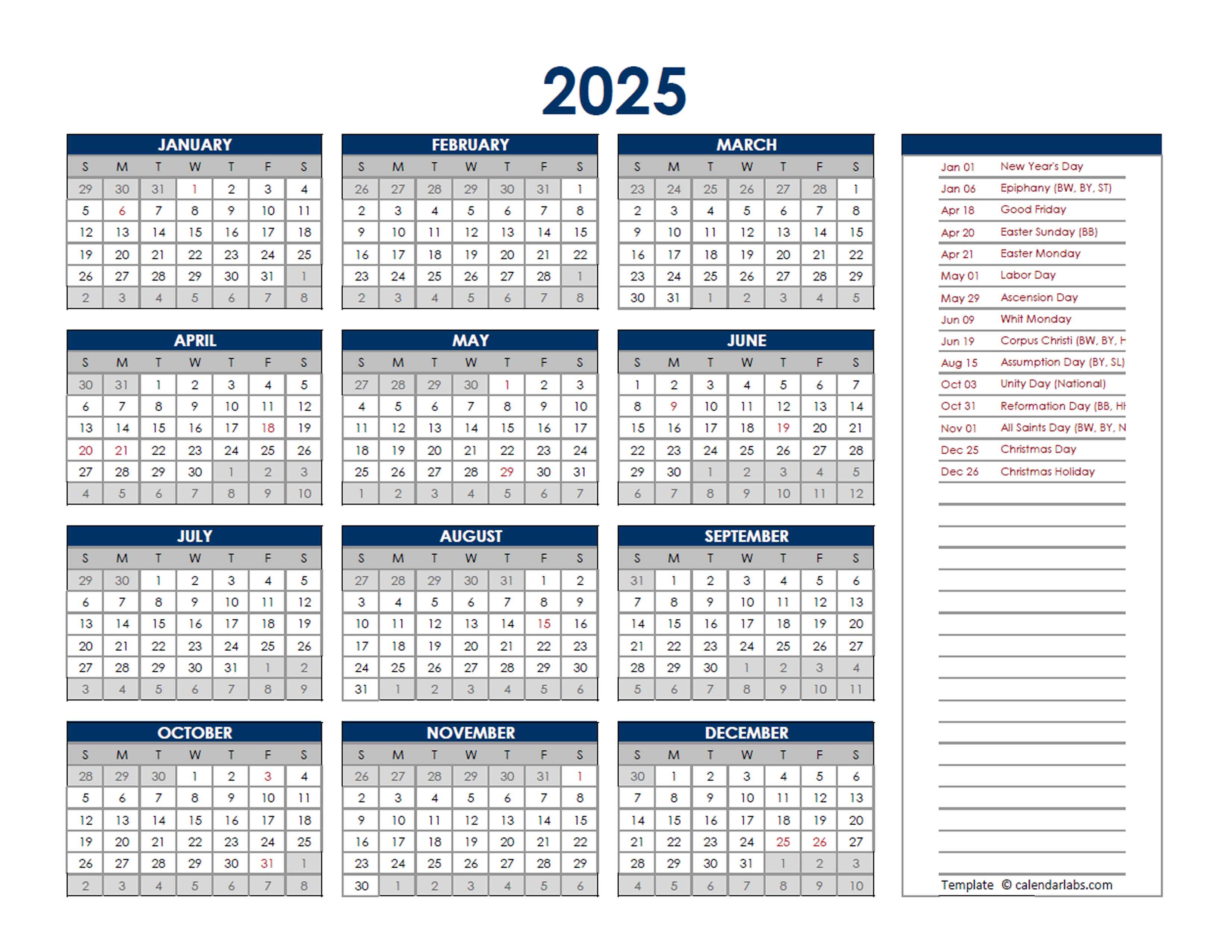 2025 Germany Annual Calendar with Holidays Free Printable Templates