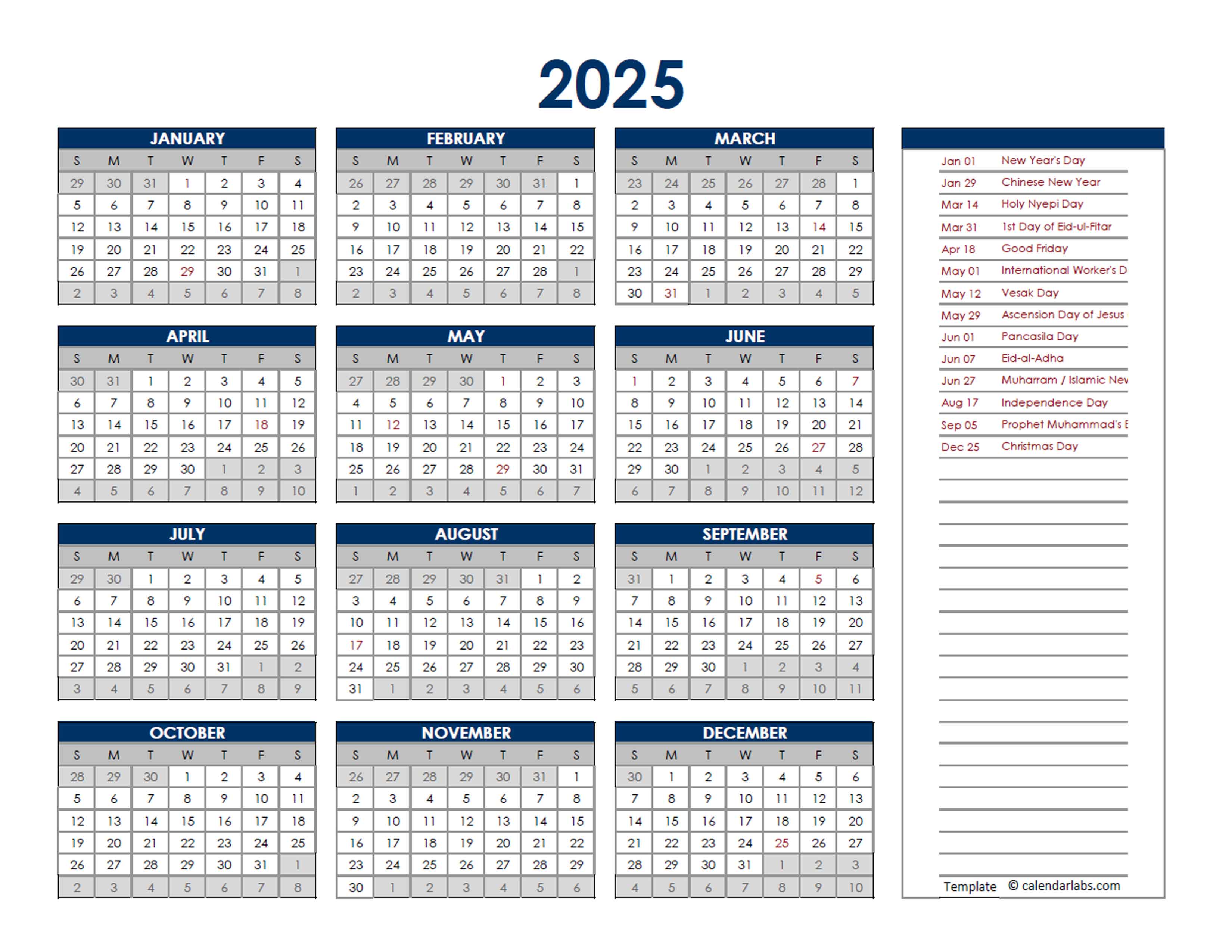 2025 Indonesia Annual Calendar with Holidays Free Printable Templates