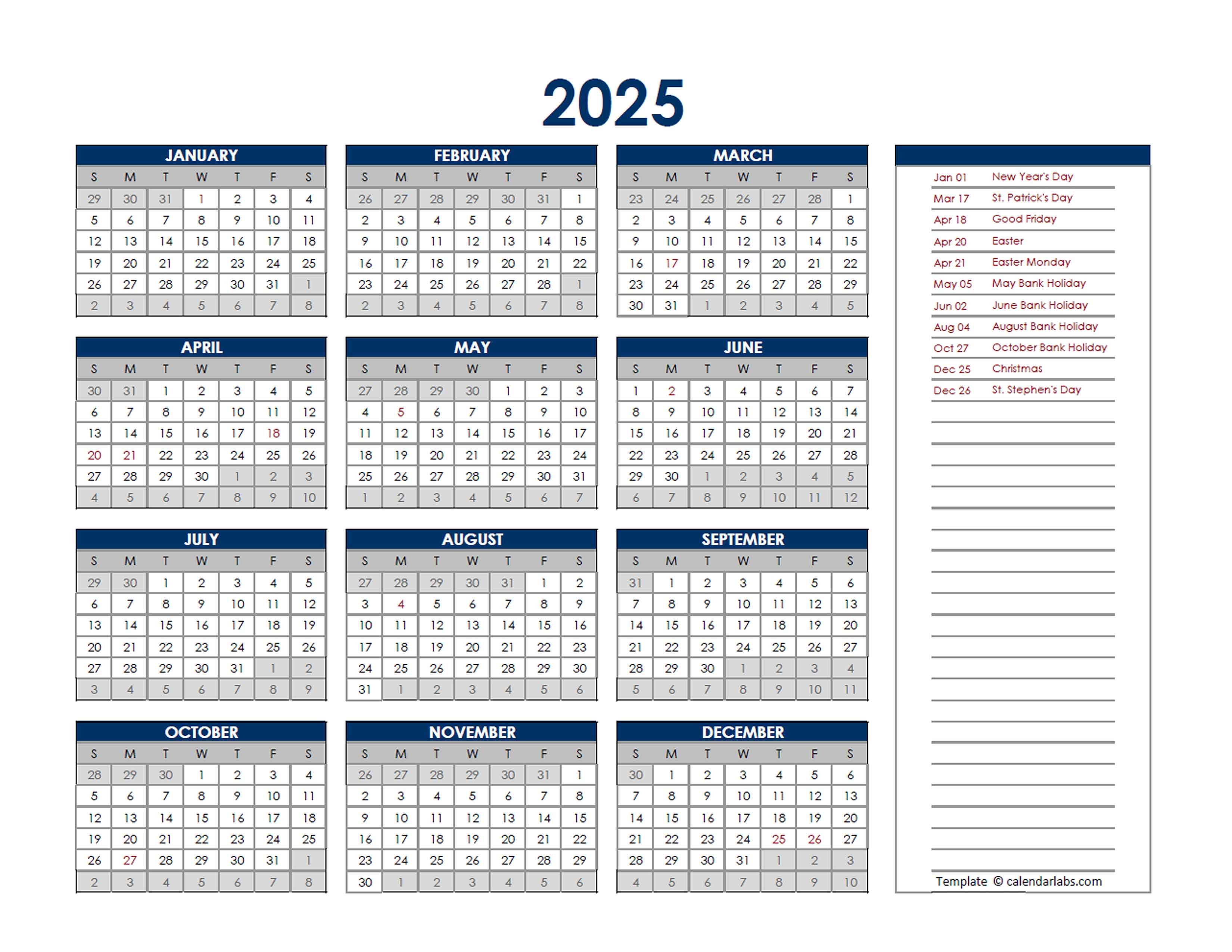 2025 Ireland Annual Calendar with Holidays - Free Printable Templates