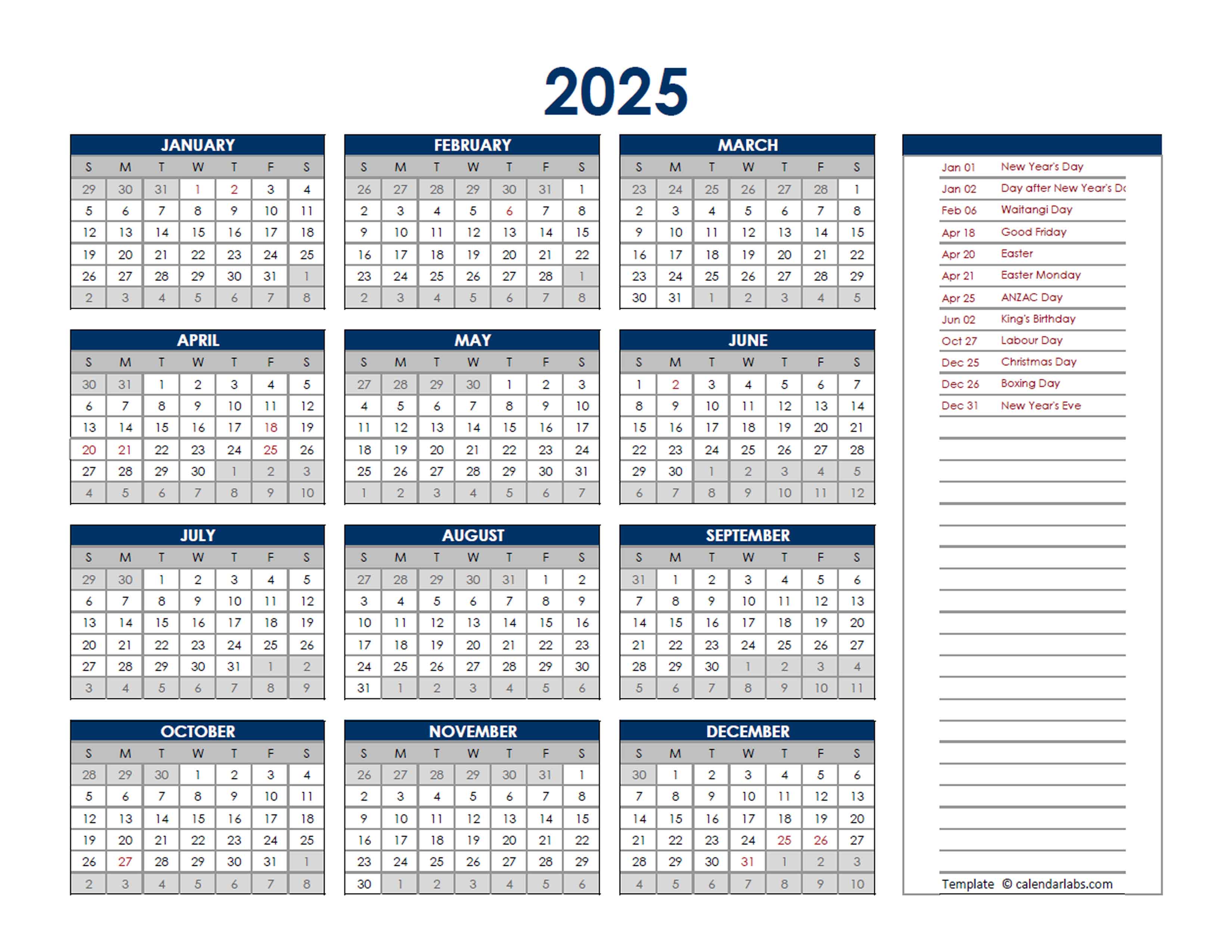 2025 New Zealand Annual Calendar with Holidays Free Printable Templates