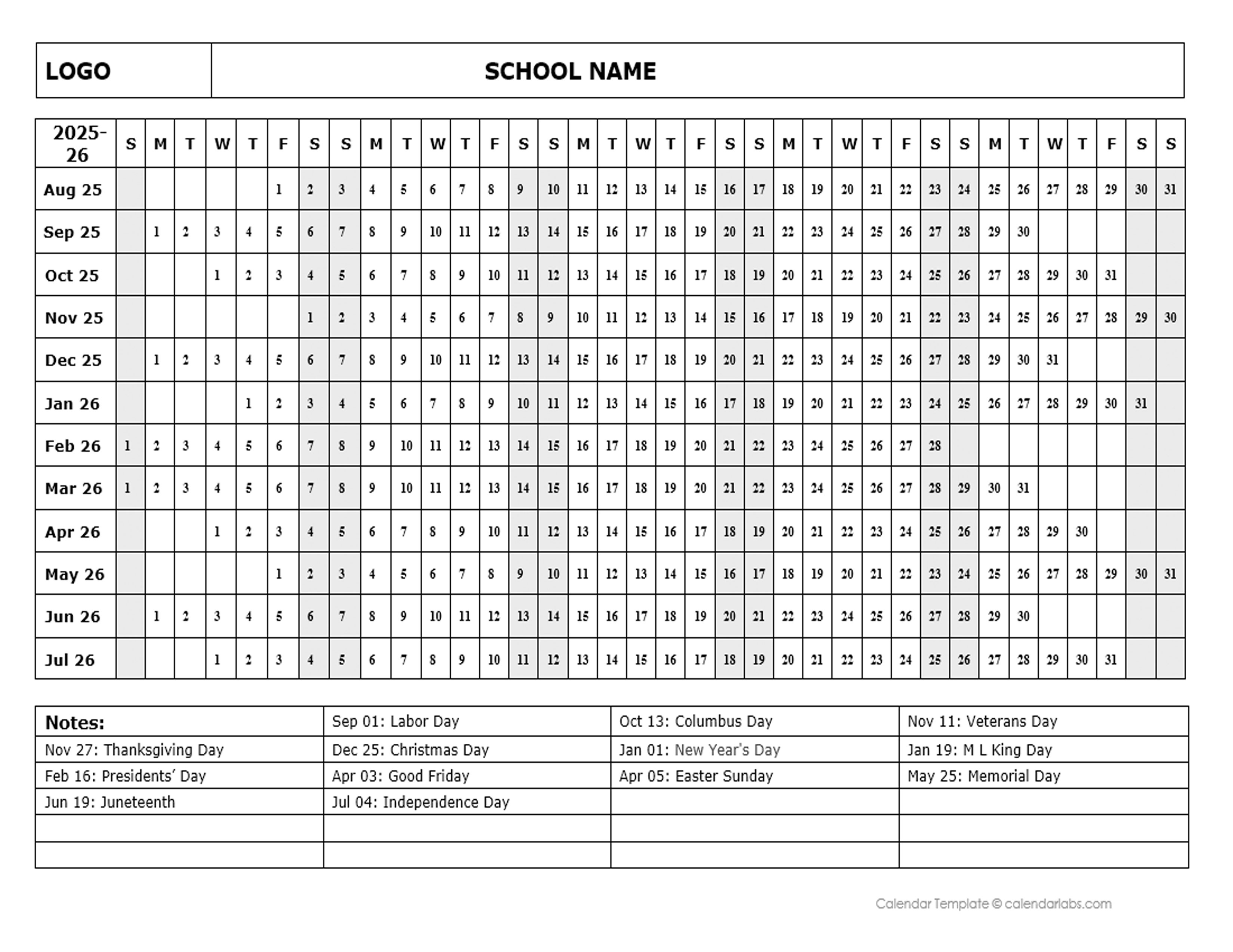 2025 One Page School Calendar Aug Free Printable Templates