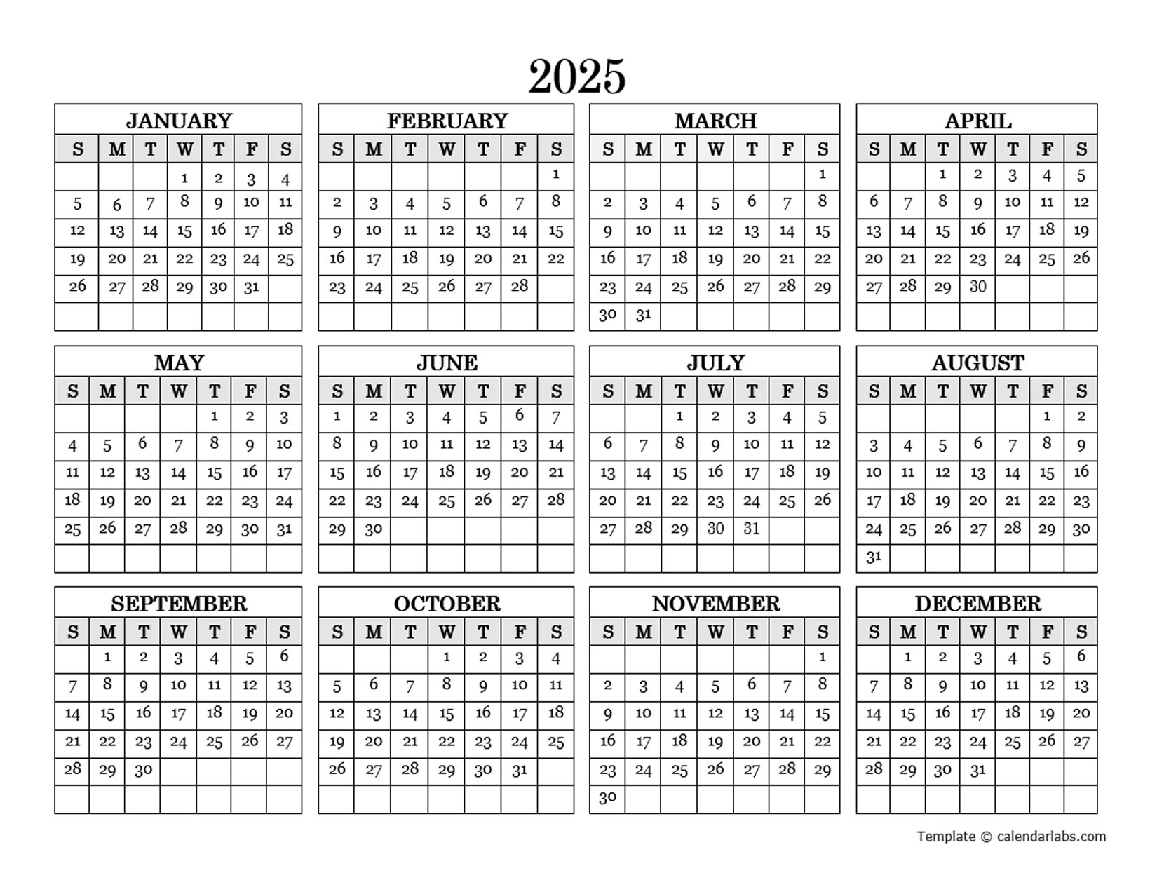 2025 Blank Yearly Calendar Landscape Free Printable Templates