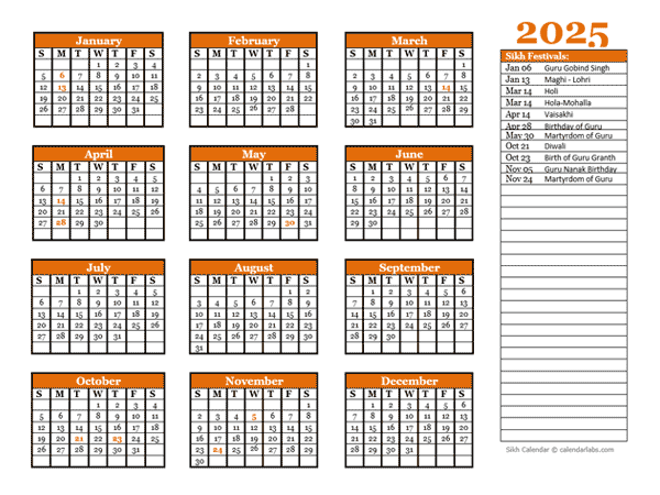 2025 Sikh Festivals Calendar Template Free Printable Templates