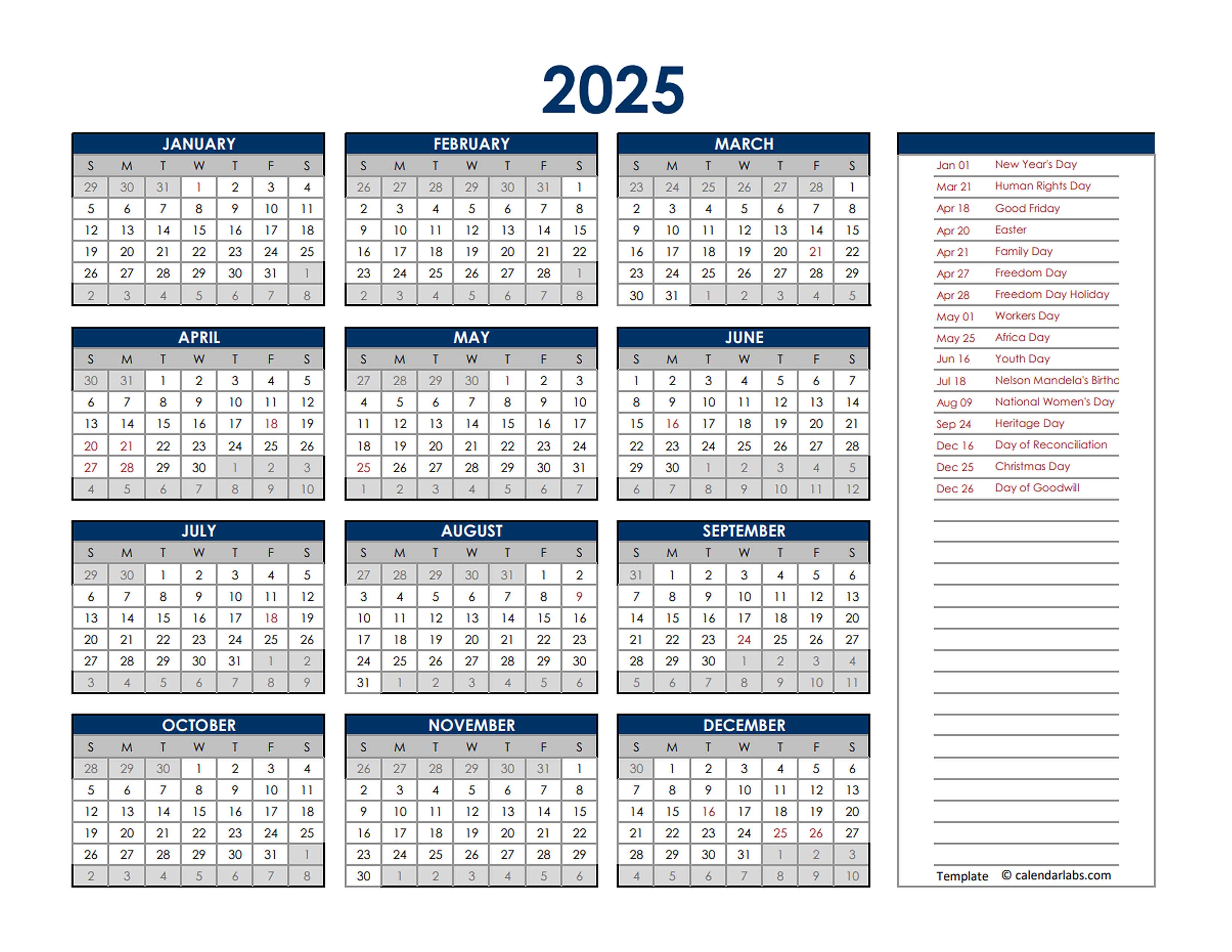 2025 South Africa Annual Calendar with Holidays Free Printable Templates