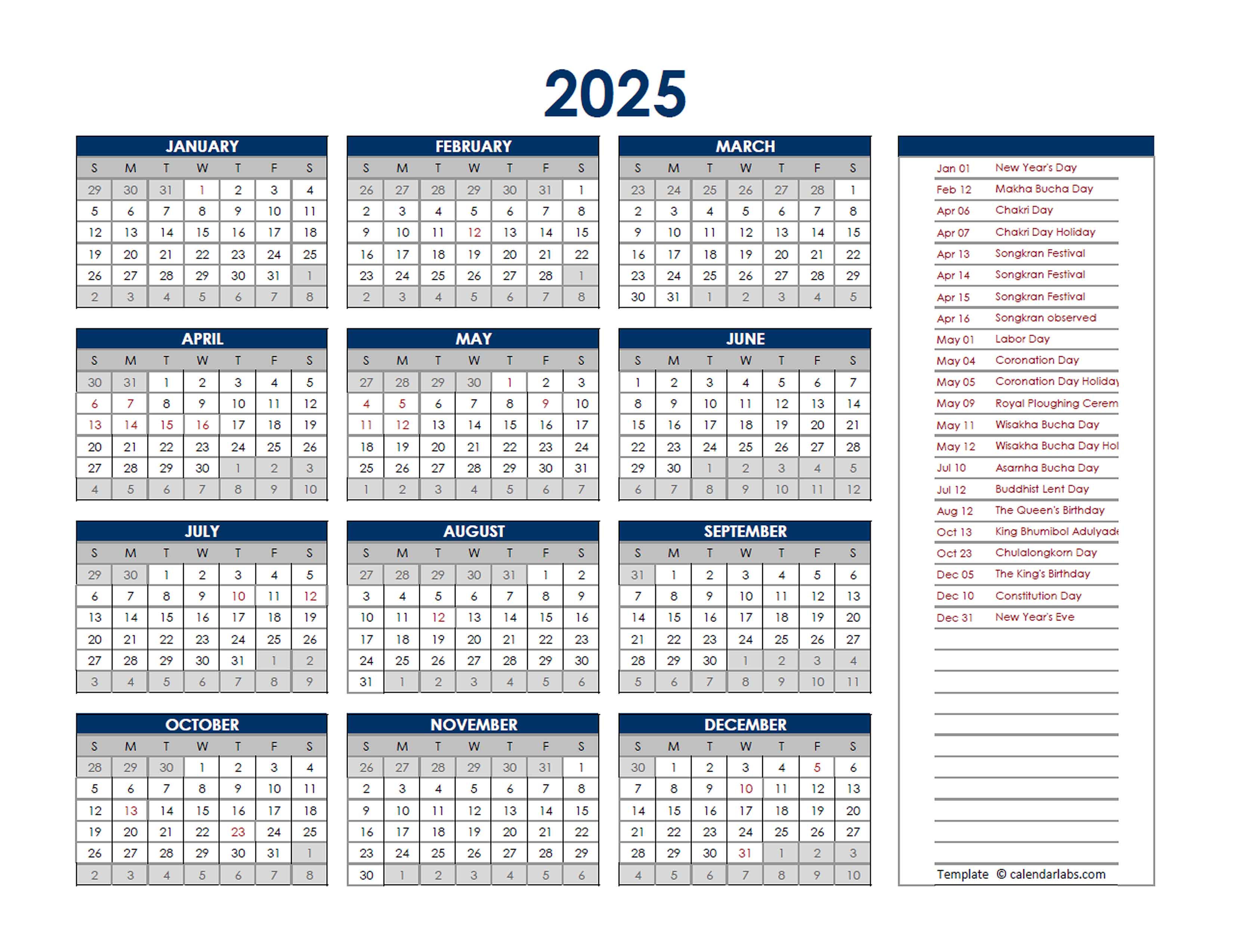2025 Thailand Annual Calendar with Holidays - Free Printable Templates