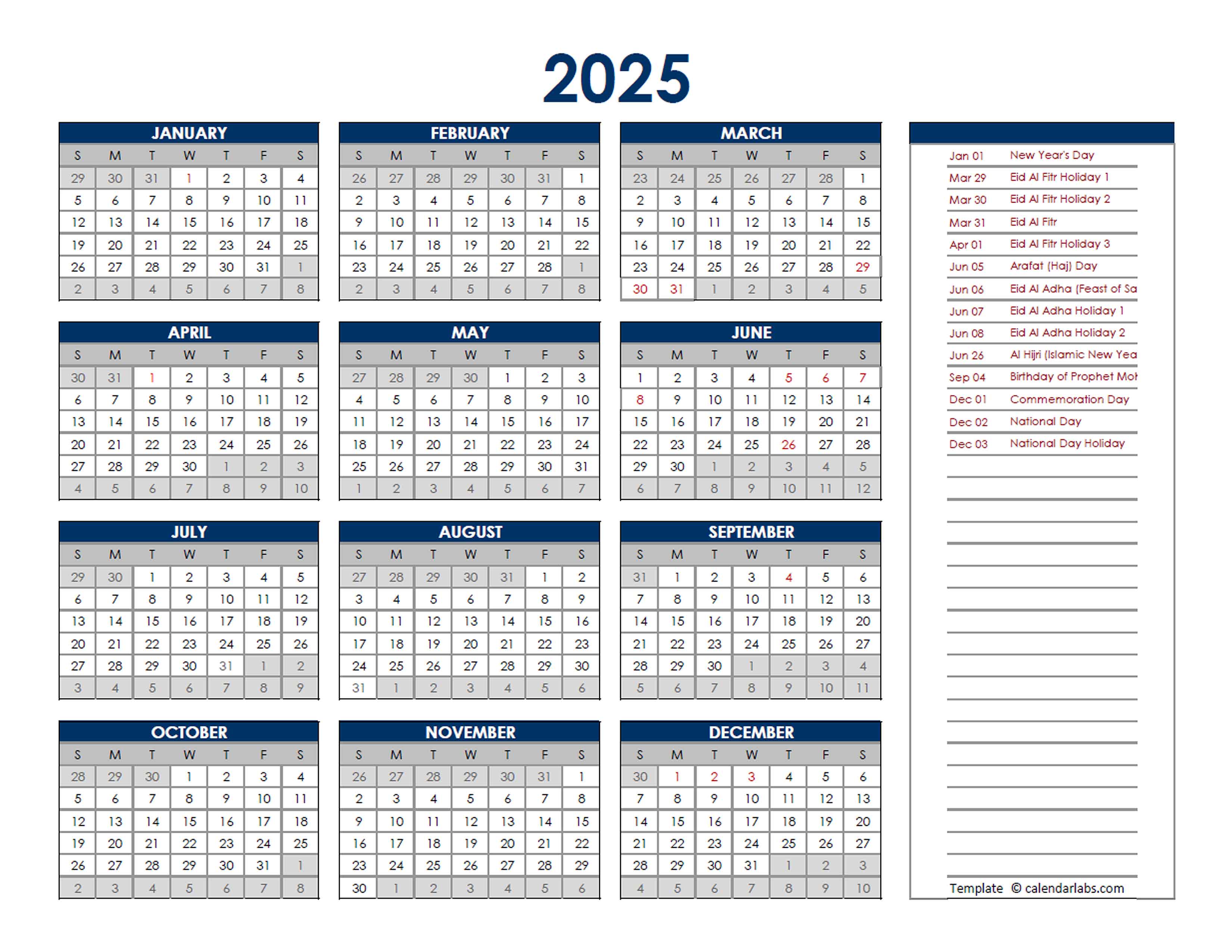 2025 UAE Annual Calendar with Holidays Free Printable Templates