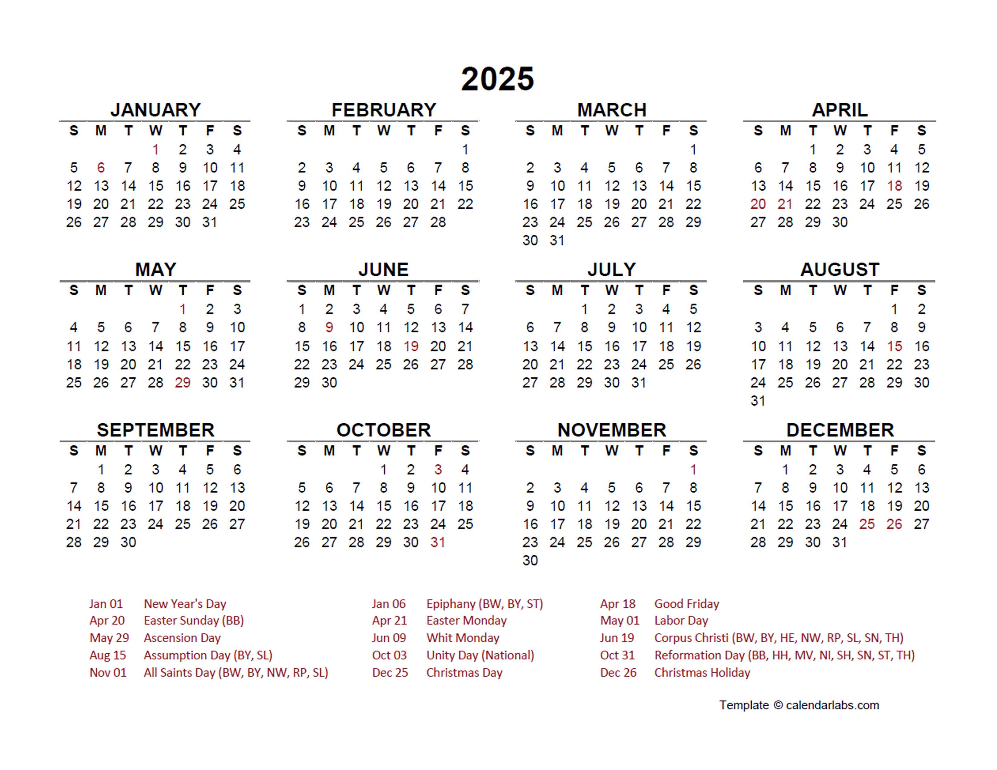 2025 Year at a Glance Calendar with Germany Holidays Free Printable