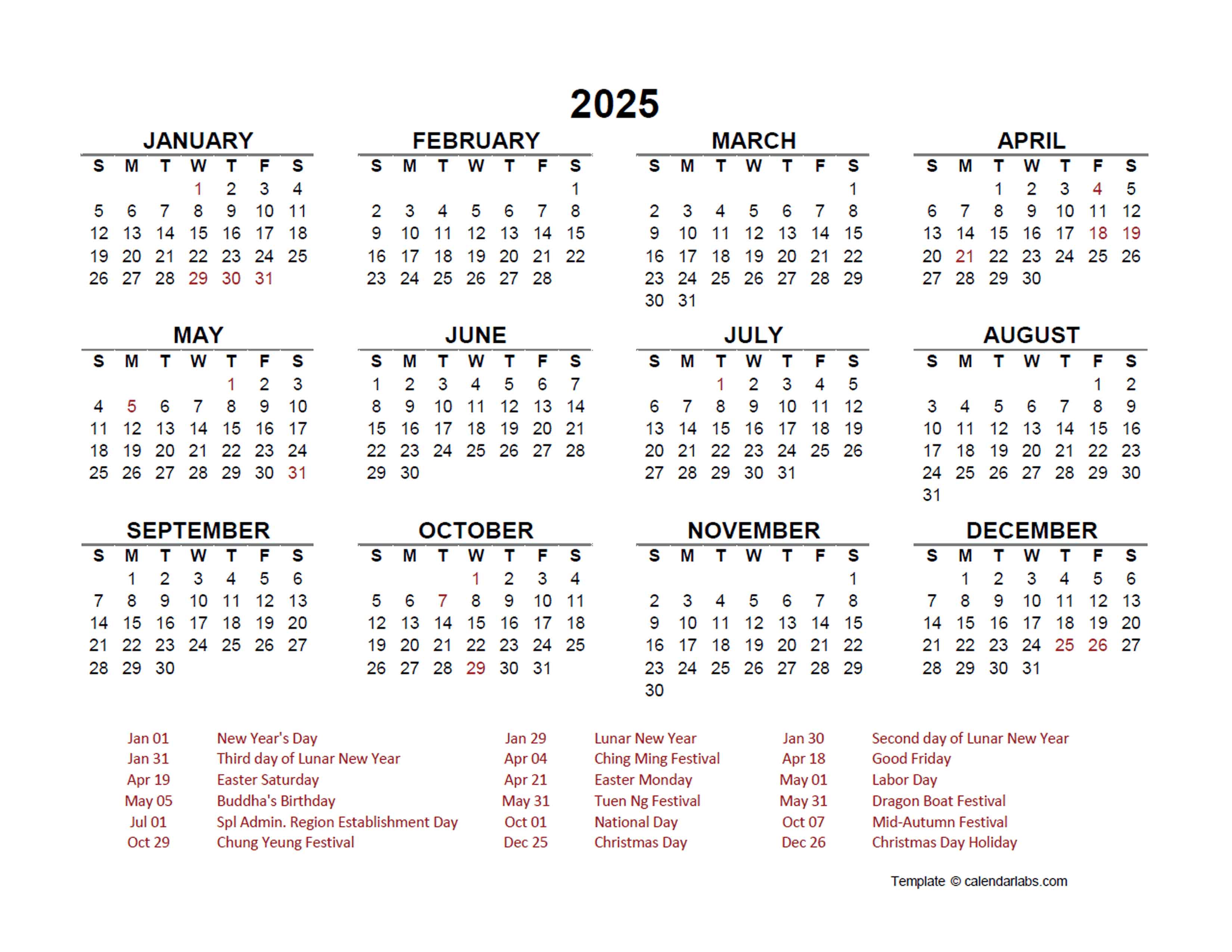 2025 Year at a Glance Calendar with Hong Kong Holidays Free Printable