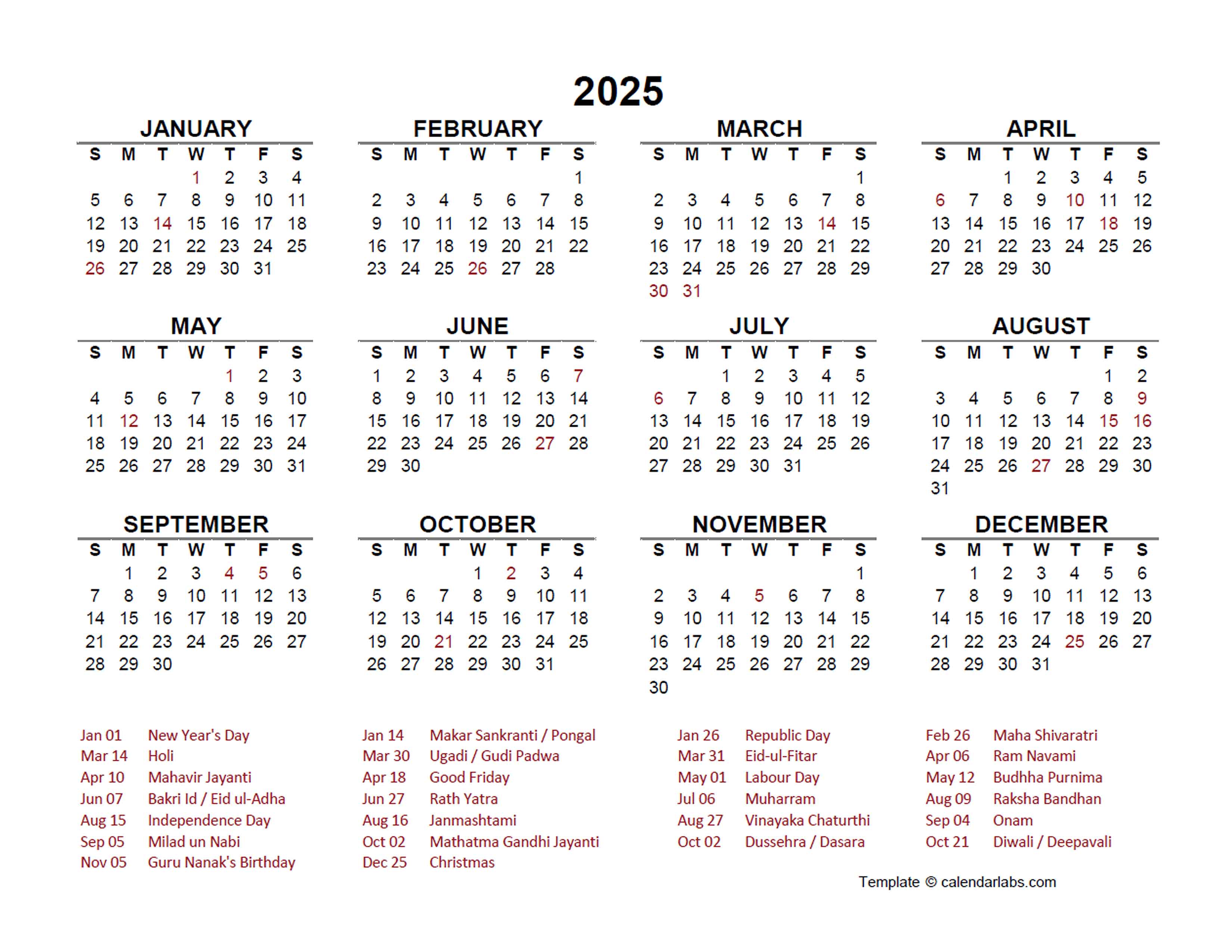 2025 Year at a Glance Calendar with India Holidays - Free Printable ...