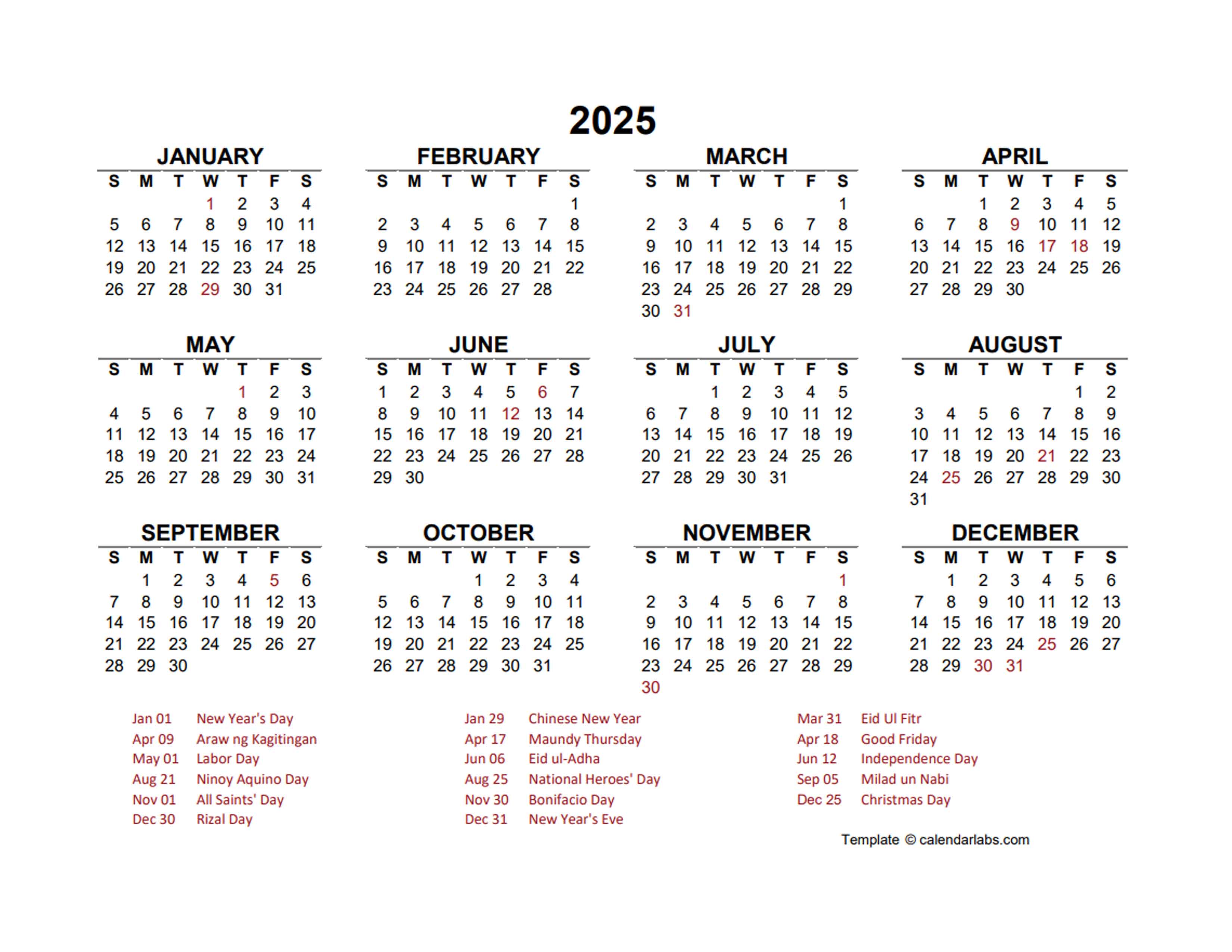 2025 Year at a Glance Calendar with Philippines Holidays Free