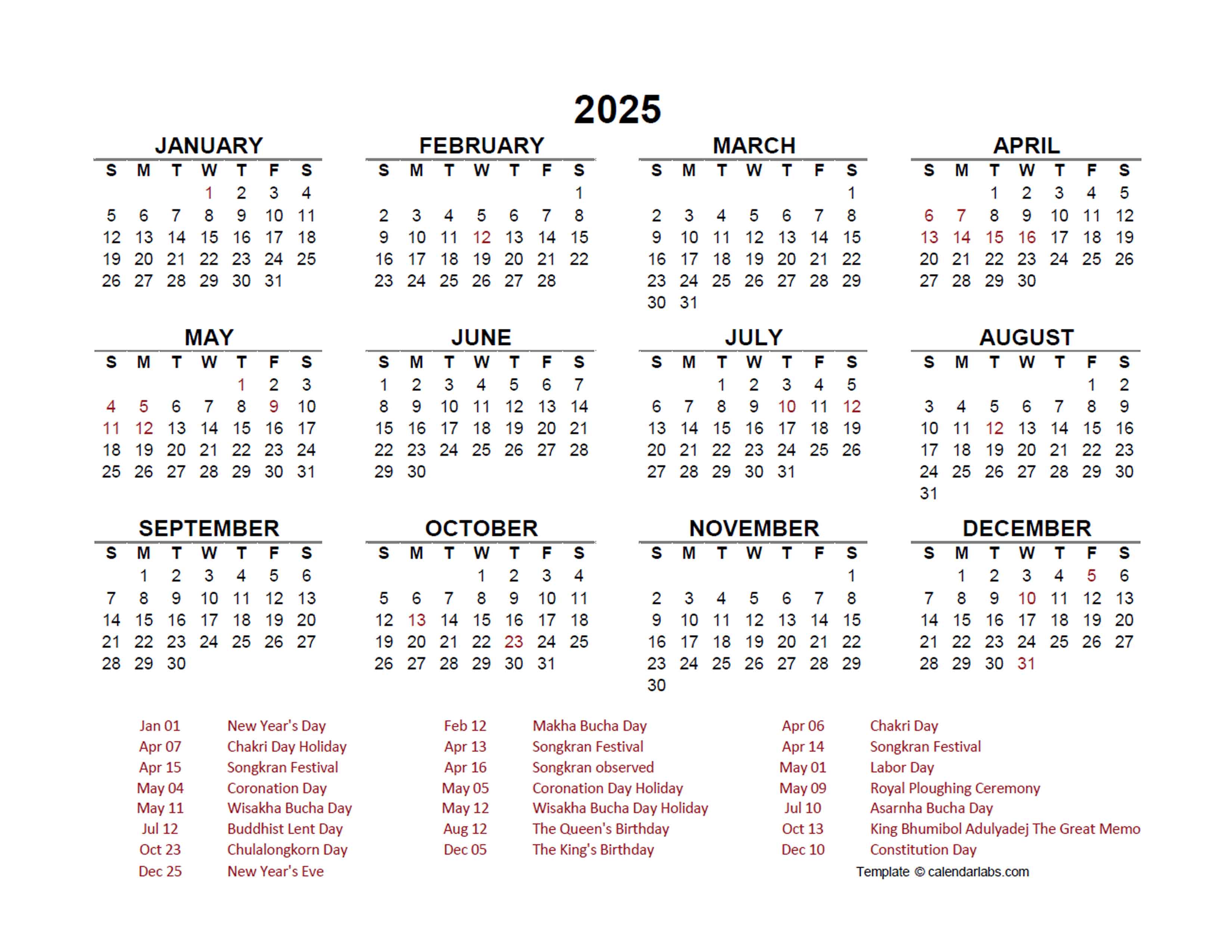 2025 Year at a Glance Calendar with Thailand Holidays Free Printable