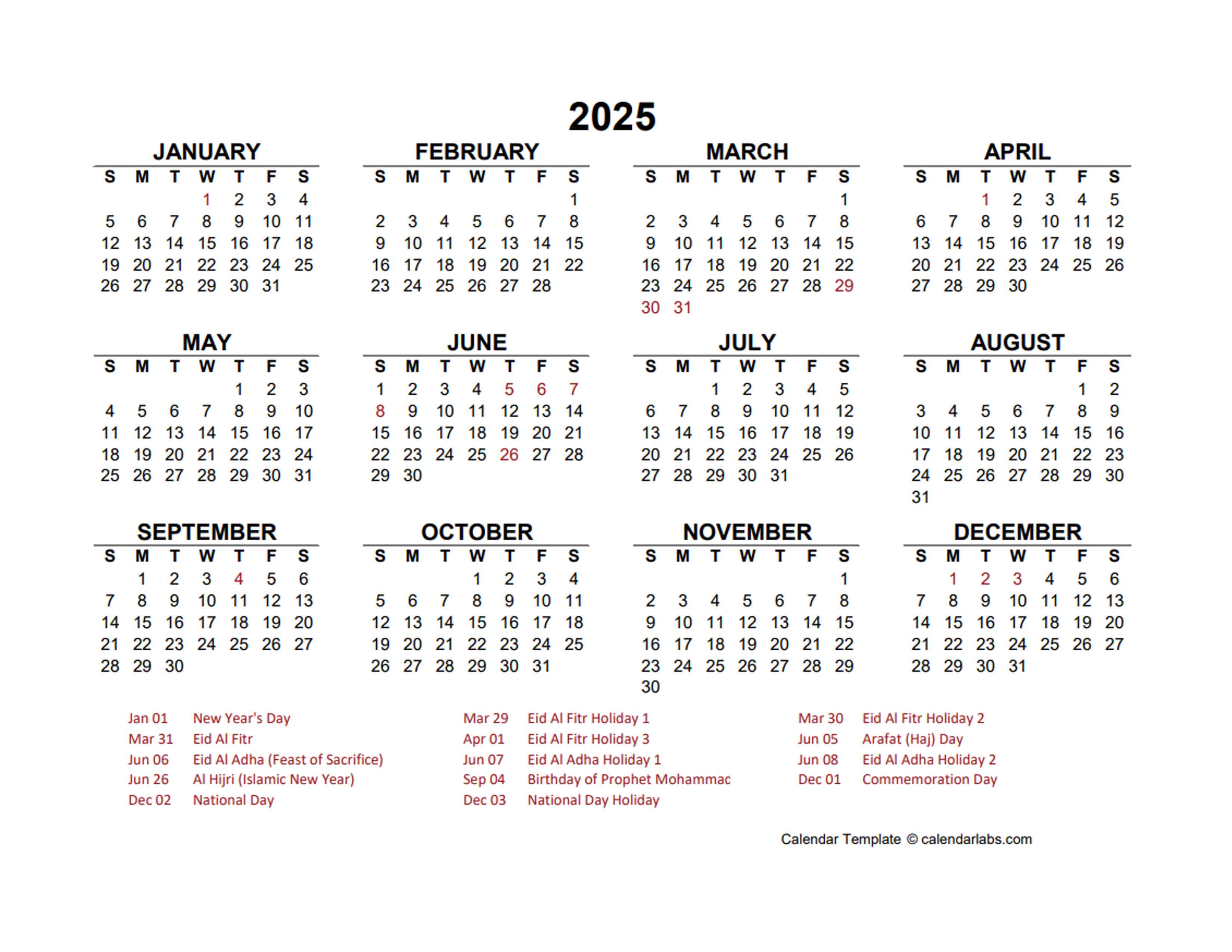 2025 Year at a Glance Calendar with UAE Holidays Free Printable Templates