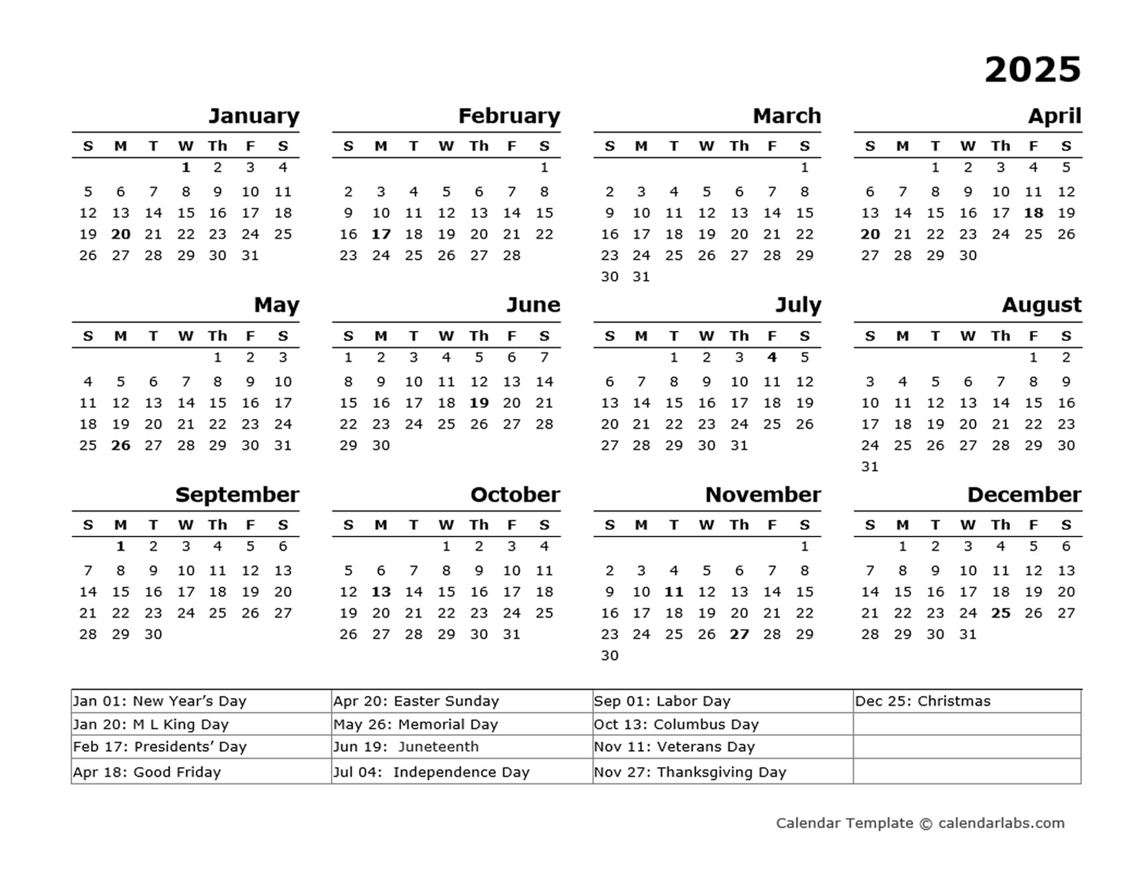 2025 Yearly Calendar Template With US Holidays Free Printable Templates